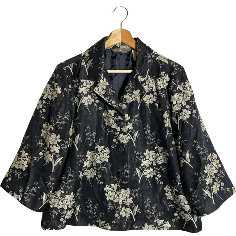 Tommy Bahama Silk Floral Print Bolero Jacket Women's Medium Black Ivory Blazer